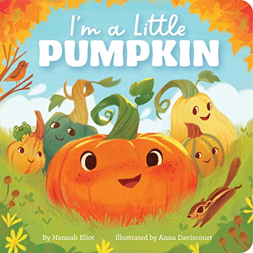 Book cover with smiling pumpkins, a bird, and a squirrel in a field.