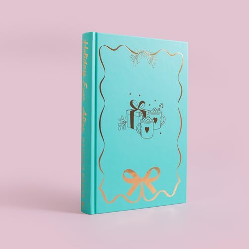 Turquoise book cover with gold foil illustrations of gifts and hot cocoa.