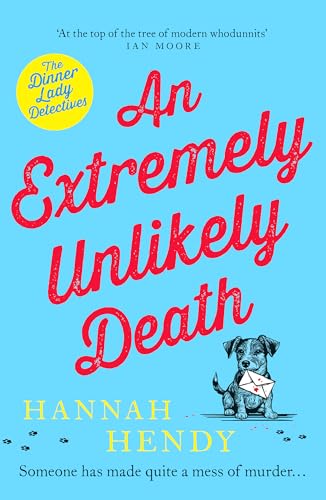 Book cover: “An Extremely Unlikely Death” with a puppy and red lettering.