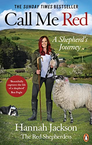 Book cover: Red-haired woman with sheep in a green, hilly landscape.