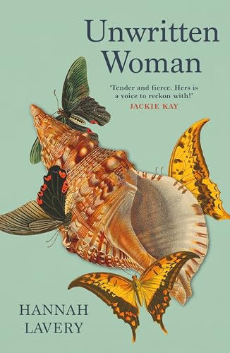 Book cover: “Unwritten Woman” with seashells and colorful butterflies.