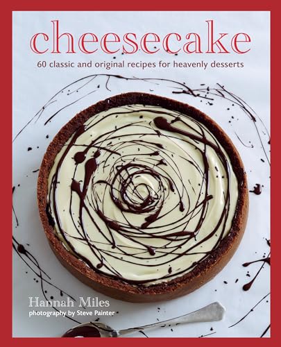 Cheesecake cookbook cover with a chocolate-drizzled cheesecake and white background.