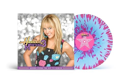 Hannah Montana 3 vinyl record with pink and blue splatter design.