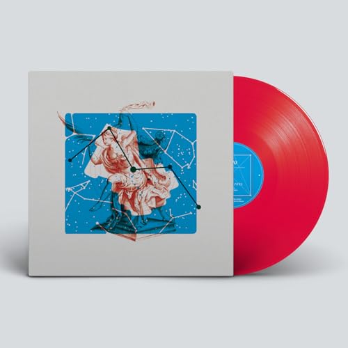 Red vinyl record with album cover featuring abstract art and a statue.