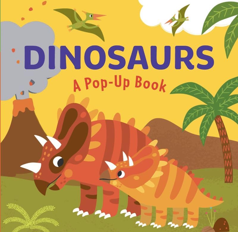 Colorful illustrated cover of a pop-up book featuring dinosaurs and foliage.