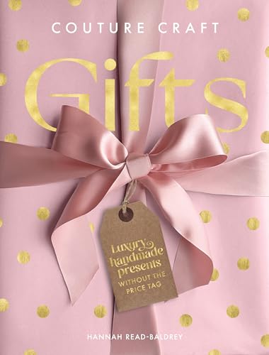 Book cover with gold lettering, pink ribbon, and polka dot background.