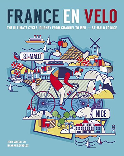 Book cover: cyclist amidst French landmarks, “France en Velo” title.