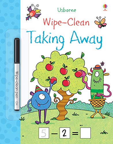 Wipe-clean activity book with monsters, fruit, and a math equation.