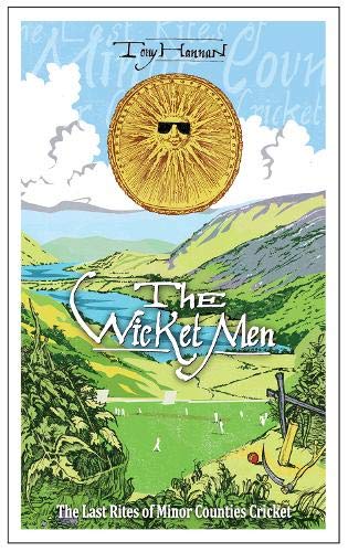 Book cover featuring a sun with sunglasses over a landscape with a cricket pitch.