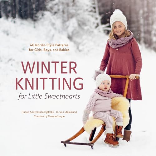 Book cover featuring a child and baby in knitted winter clothes.