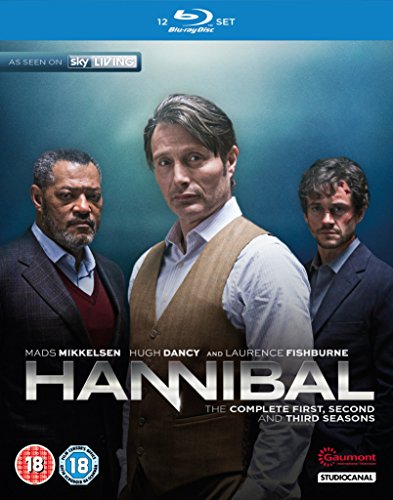 Hannibal Blu-ray cover featuring Mads Mikkelsen, Laurence Fishburne, and Hugh Dancy.