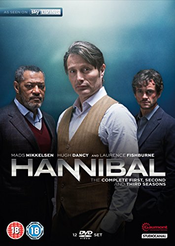 Hannibal DVD cover featuring Mads Mikkelsen, Hugh Dancy, and Laurence Fishburne.