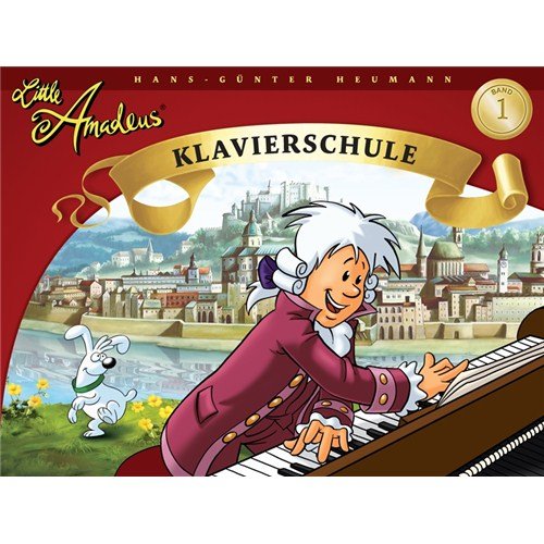 Cover of "Little Amadeus" piano school book with cartoon boy and city.