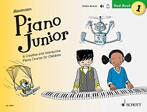 “Piano Junior” duet book cover with children playing piano and cartoon illustrations.