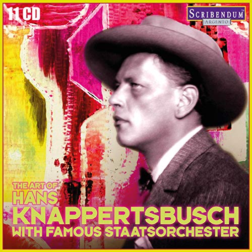 Black and white portrait of conductor Hans Knappertsbusch with colorful abstract background.