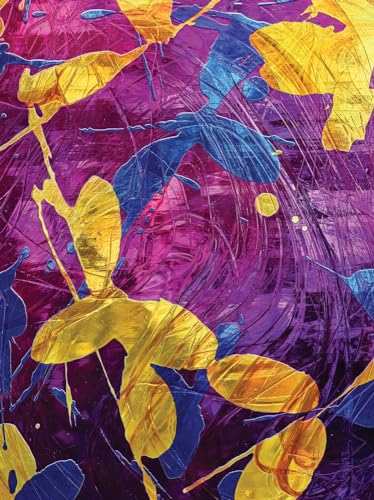 Abstract stained glass artwork with gold and blue leaf shapes.