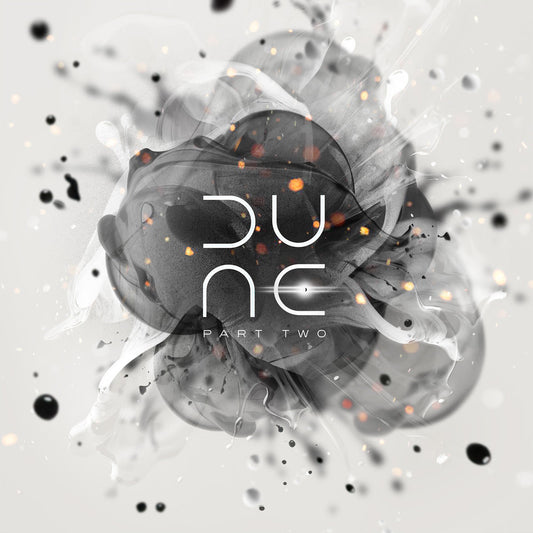 “Dune: Part Two” soundtrack CD cover with abstract, swirling black and white design.