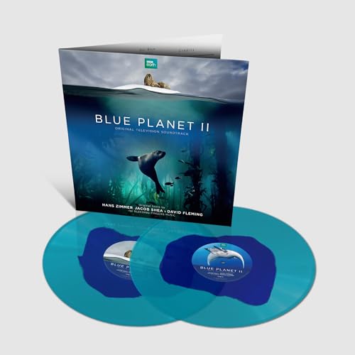 Blue Planet II" soundtrack vinyl record with blue discs and ocean cover art.