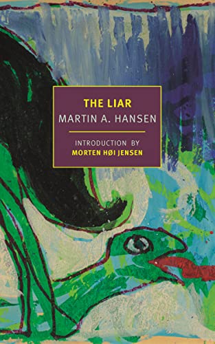 Book cover: "The Liar" by Martin A. Hansen, with abstract green and purple art.