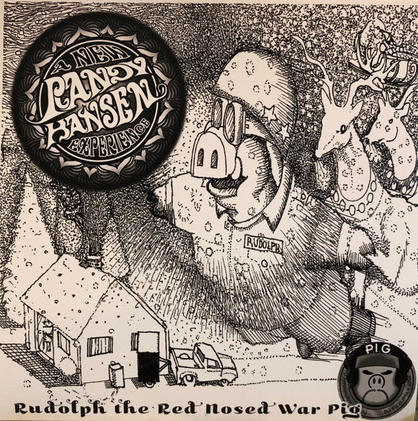 Black and white illustration of a pig in military gear, titled “Rudolph.”