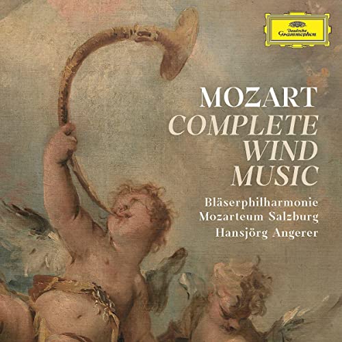 CD cover for Mozart’s Complete Wind Music, featuring cherubs and a horn.