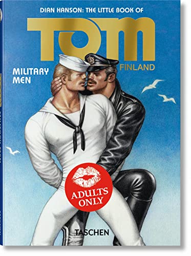 Book cover illustration of a sailor and a man in leather embracing against blue.