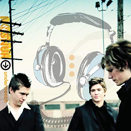 Hanson album cover: three men in black, headphones illustration, utility poles background.