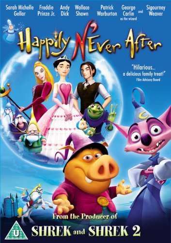 DVD cover for "Happily N'Ever After" featuring animated characters and a pig.