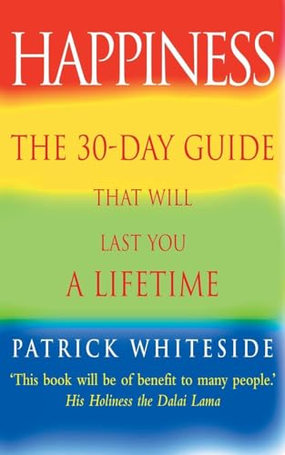 Book cover with colorful horizontal bands and red title "Happiness".