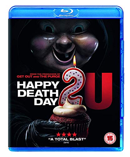 Happy Death Day 2U Blu-ray cover featuring a masked figure holding a lit cupcake.