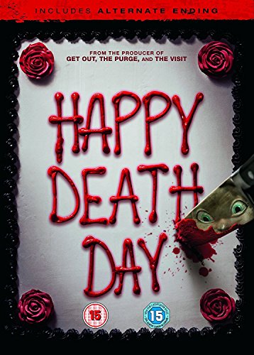 "DVD cover for 'Happy Death Day' featuring a cake with knife and red roses."