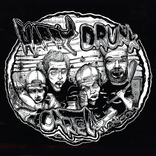 Black and white sketch of four figures with "Happy Drunk Cartel" text.