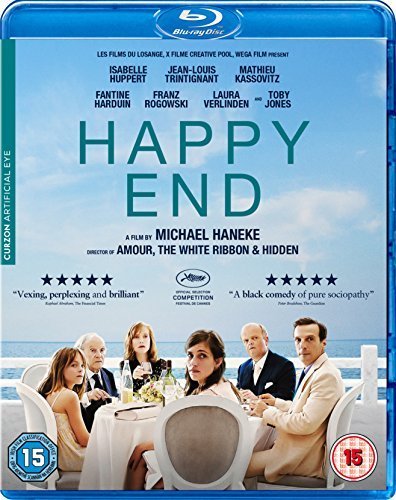 "Blu-ray case for 'Happy End' film, showing formally dressed people at a dinner table."