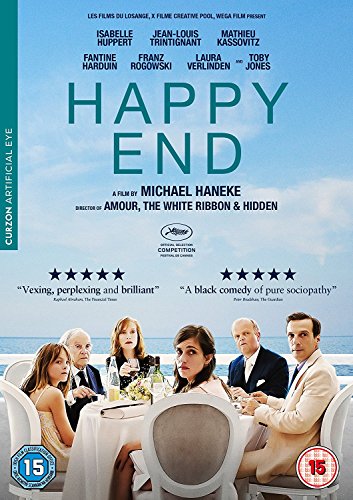 DVD cover for "Happy End" featuring formally dressed people at a dinner table.