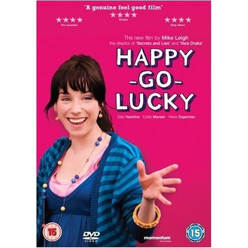 DVD cover for Happy-Go-Lucky featuring a smiling woman in a blue striped cardigan.