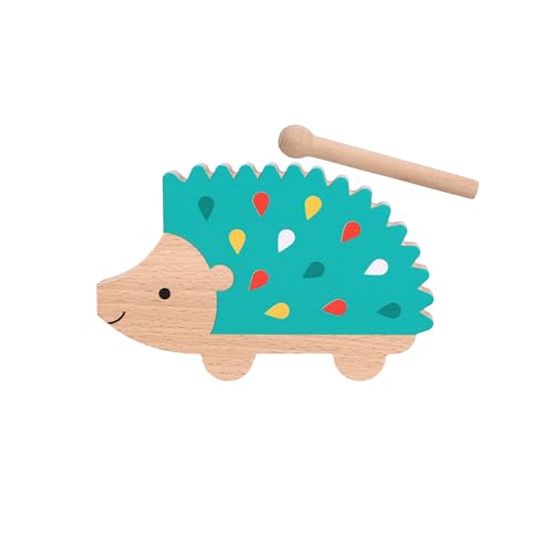 Wooden hedgehog-shaped percussion instrument with a mallet, colorful spines.