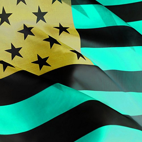 Abstract flag design with black stars on gold and teal stripes.