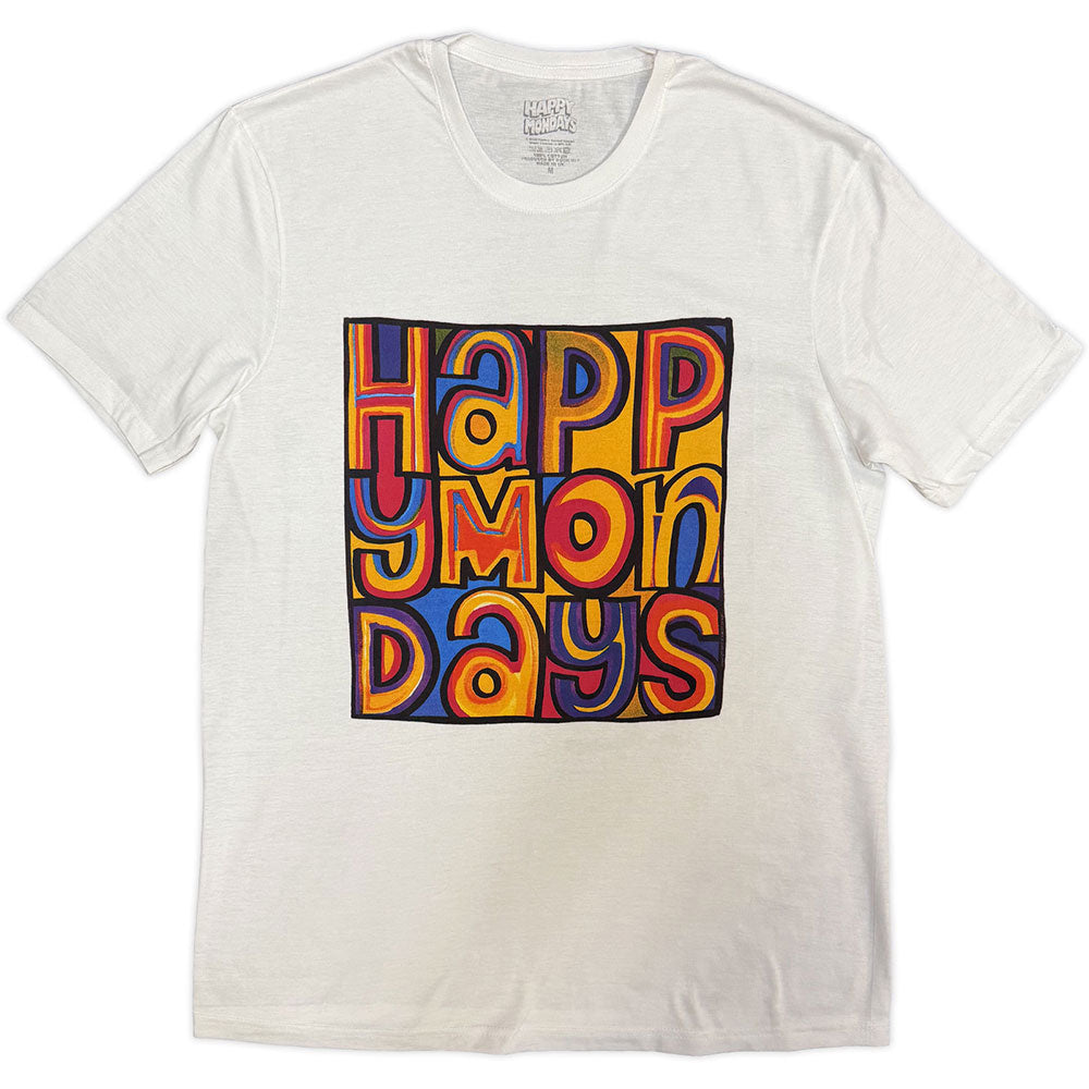 White t-shirt featuring a colorful, stylized graphic reading "Happy Mondays Days" in bold letters.