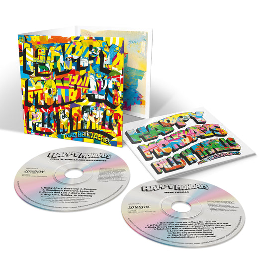 “Happy Mondays” double CD with colorful, chaotic album art and tracklist details.