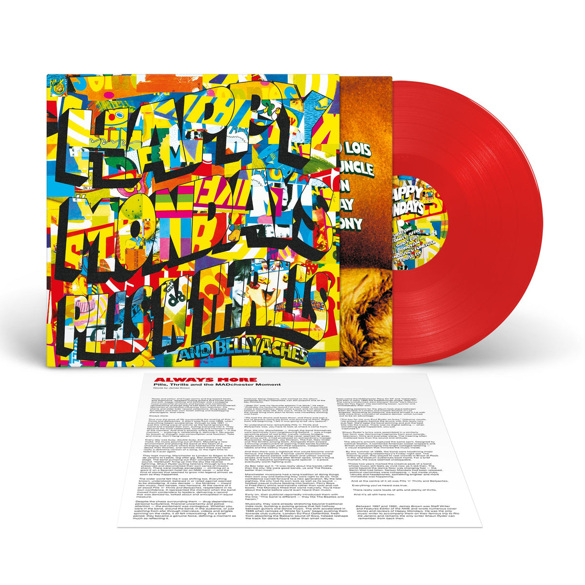 Happy Mondays album cover with colorful collage art and a solid red vinyl record.