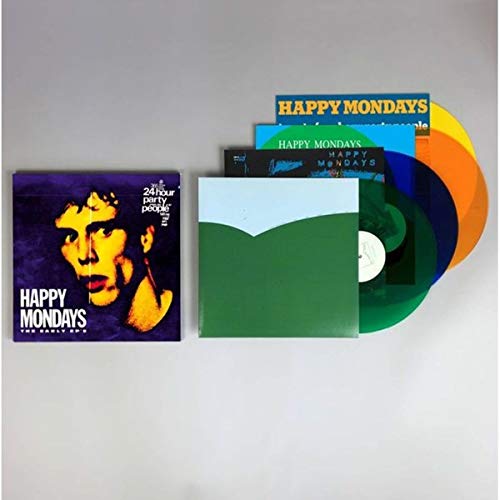 Happy Mondays vinyl EPs in colorful sleeves, stacked against a grey background.