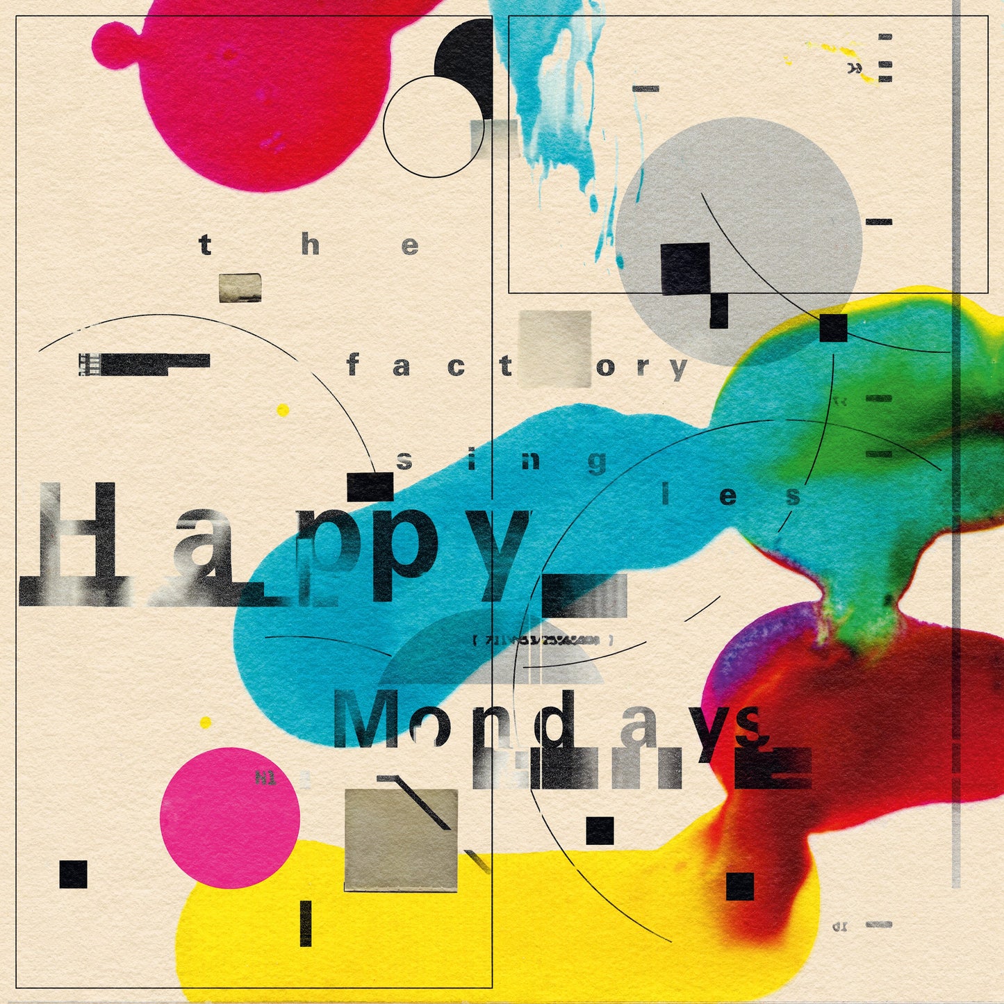 Abstract album cover with colorful ink splashes, geometric shapes, and Happy Mondays text overlay.