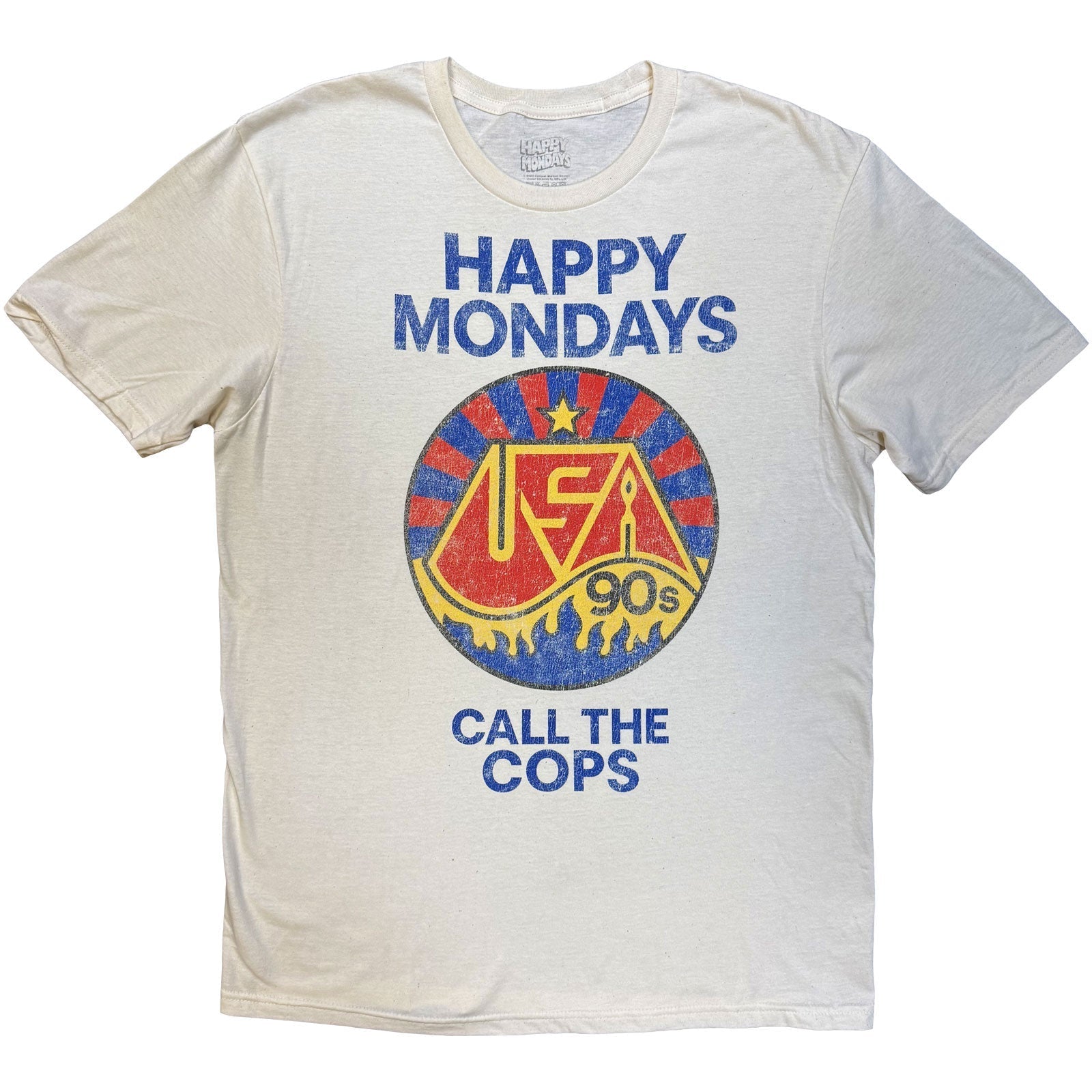 Off-white t-shirt with Happy Mondays Call The Cops graphic in blue, red, and yellow.