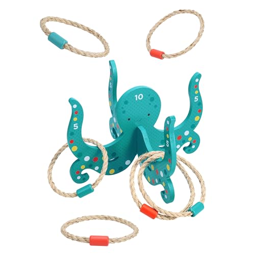 Blue wooden octopus hoopla game with five rope rings.