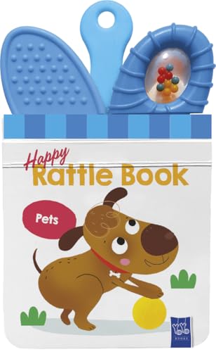 Baby rattle book with a cartoon dog and colorful beads inside.
