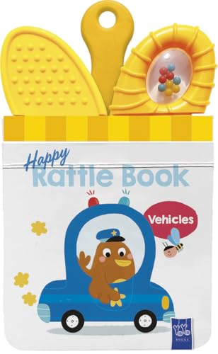 Yellow and white baby rattle book with a cartoon police car.