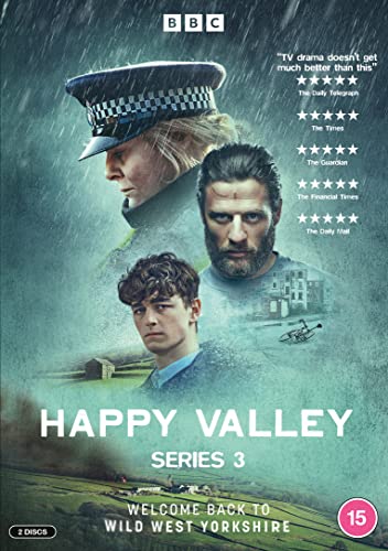 DVD cover for Happy Valley Series 3 featuring three characters against a rainy landscape.
