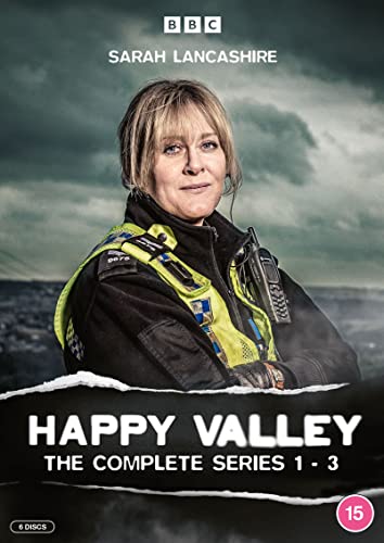 DVD cover for “Happy Valley” featuring Sarah Lancashire as a police officer.