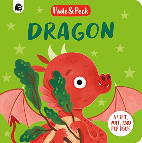 Red cartoon dragon with lift-the-flap features on a green background.