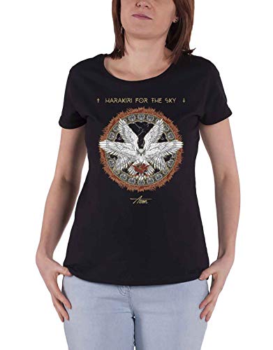 Black t-shirt with white and gold bird design and band logo.